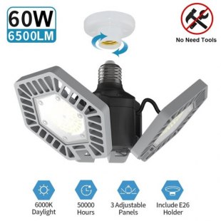 60W LED Garage Light Deformable E26/E27 Three-Leaf Ceiling Light Fixtures 6500lm 6000K Tribright LED Shop Light with Adjustable Panels, Triple Glow Light Bulb for Garage, Basement, Barn, Workshop (NO Sensor)